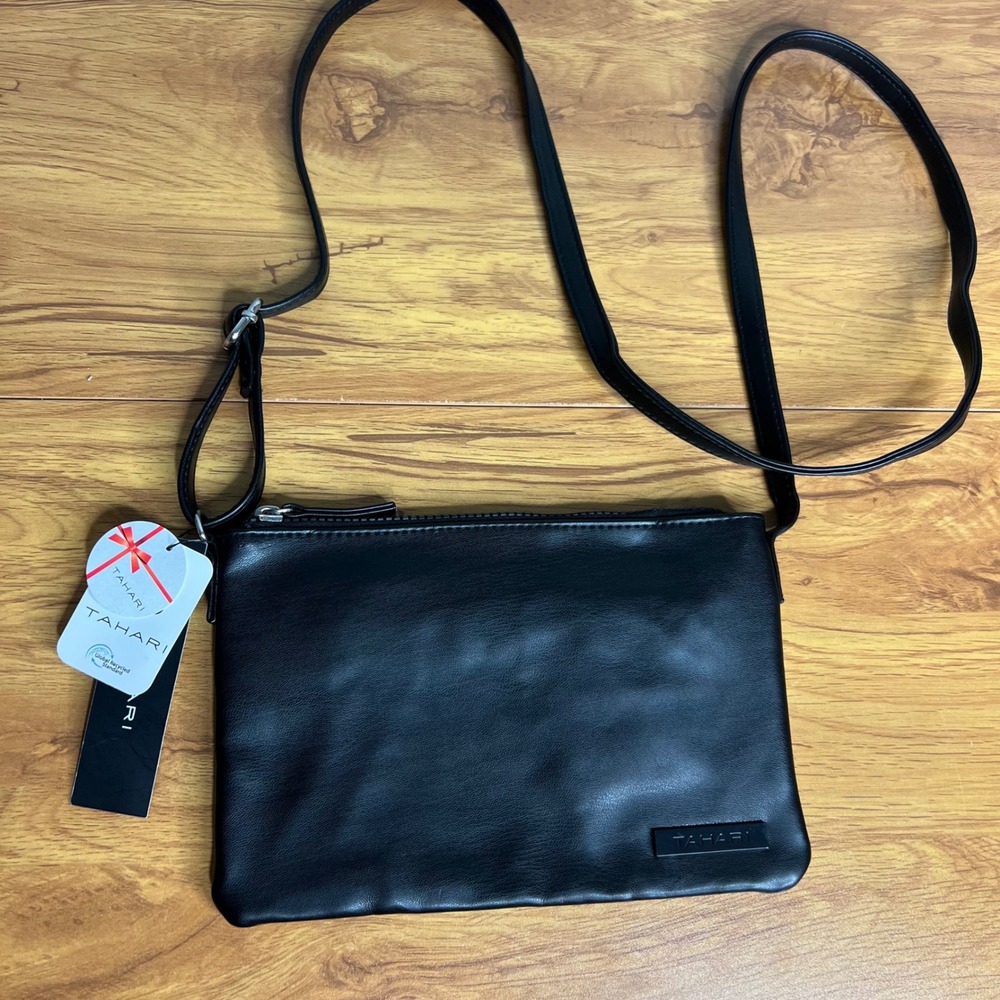 Tahari Downtown Crossbody Bag Black Slim Zip Travel 9" x 6" NWT